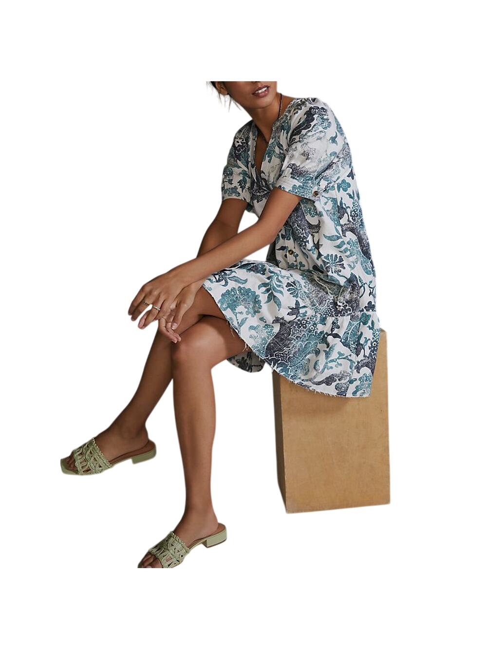 Anthropologie Printed Blue Pilcro Puff-Sleeve Tunic Size M